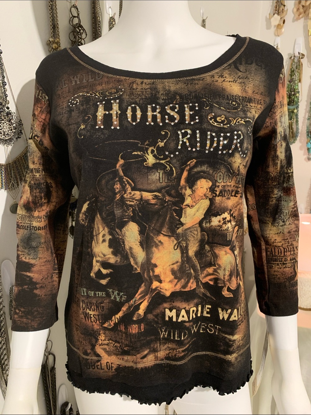 Cactus Black and Burnt Orange Horse Rider Graphic Top